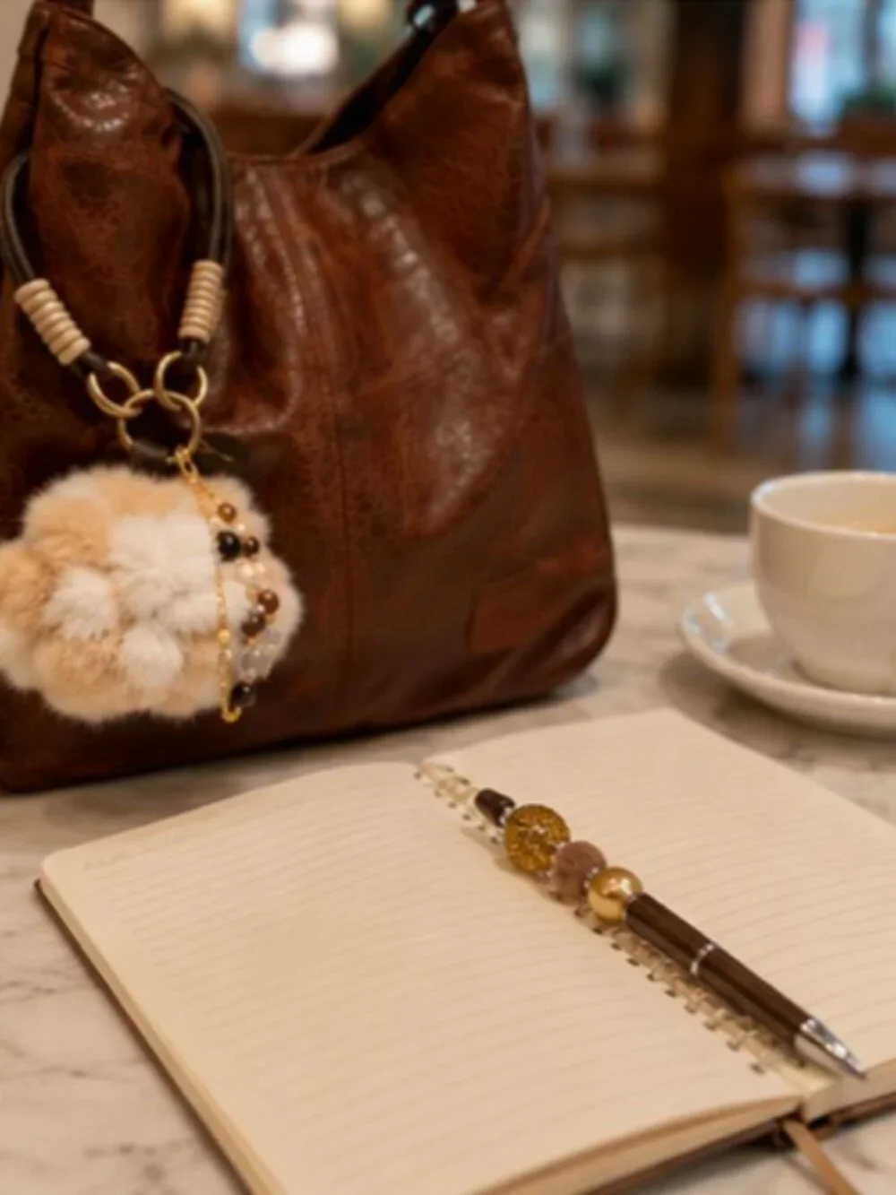 Brown Faux Leather Shoulder Bag with Matching Bag Charm & Pen